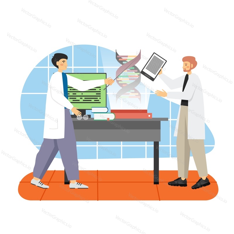 Genetic science laboratory. Two scientists male characters in lab coats studying genes, dna structure, flat vector illustration. Biotechnology, genetic engineering, science, medicine and technology.