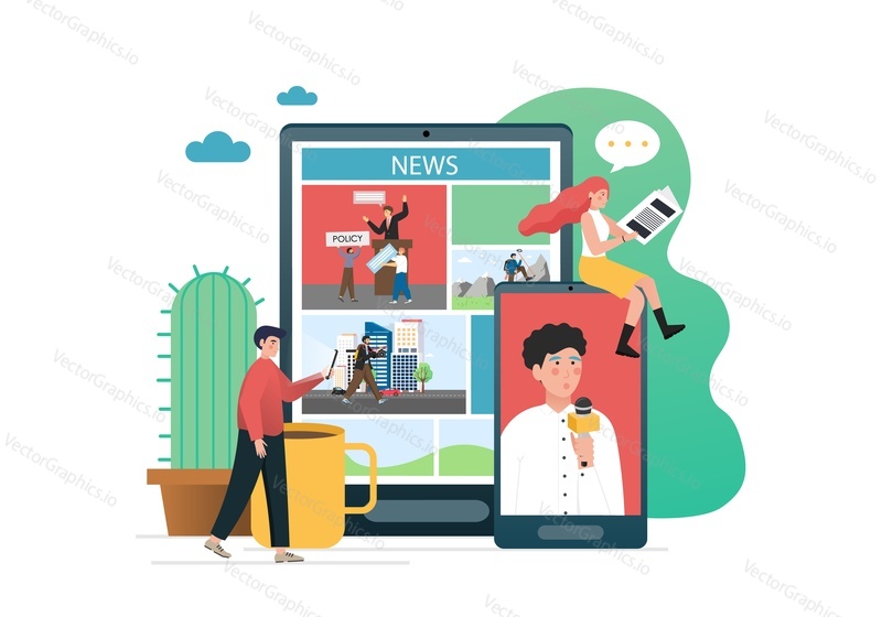 People reading print newspaper, using online news portal or website to know the latest news across the globe, flat vector illustration. Print, broadcast, internet mass media types. Journalism.