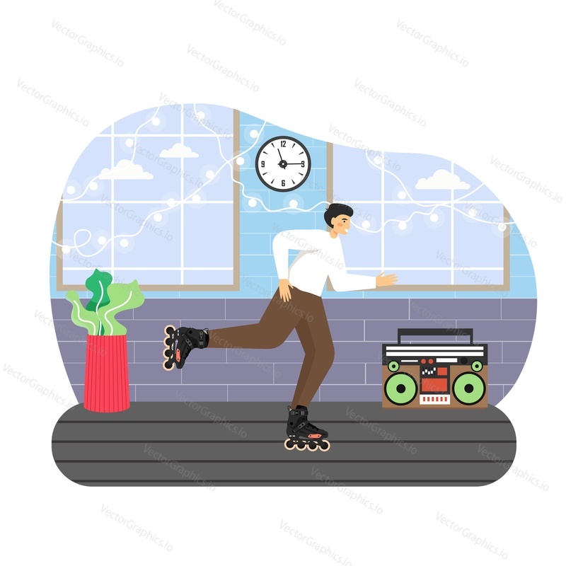 Happy man enjoying roller skating indoors, flat vector illustration. Active and healthy eco transport. Sport and recreation activity. Rollerblading. Indoor roller rink.