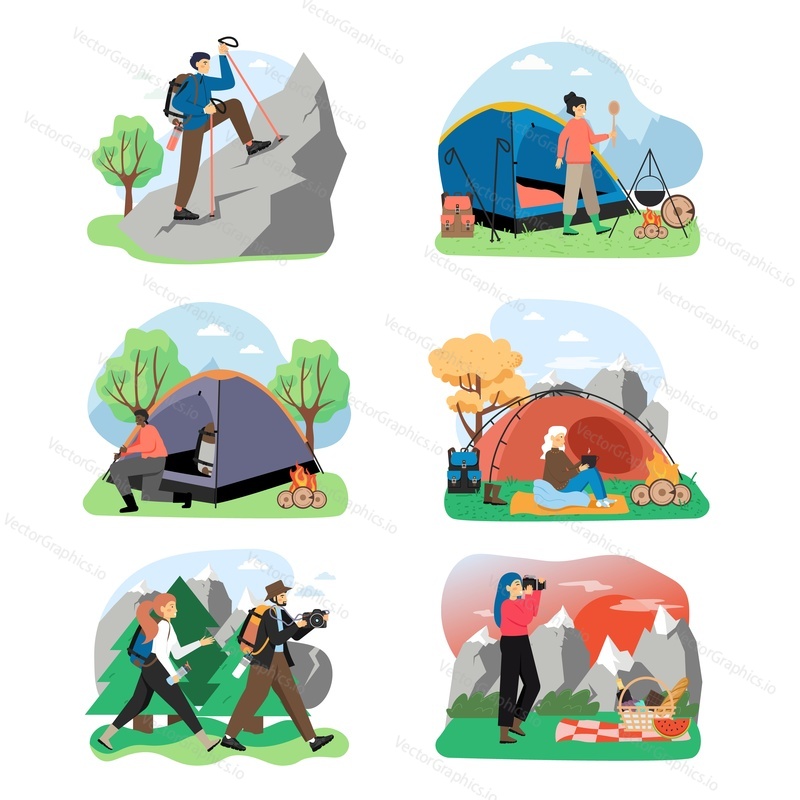Hiking scene set, flat vector illustration. Travelers, hikers with backpacks going hiking, cooking meal on fire, climbing rock. Trekking, mountain tourism, travel adventure, expedition, summer camping