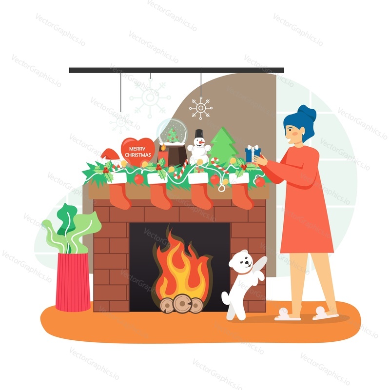 Happy girl putting gift box in Christmas sock, flat vector illustration. Decorated fireplace with Christmas wreath, socks, garland and gifts. Preparation for Xmas, New Year winter holidays celebration