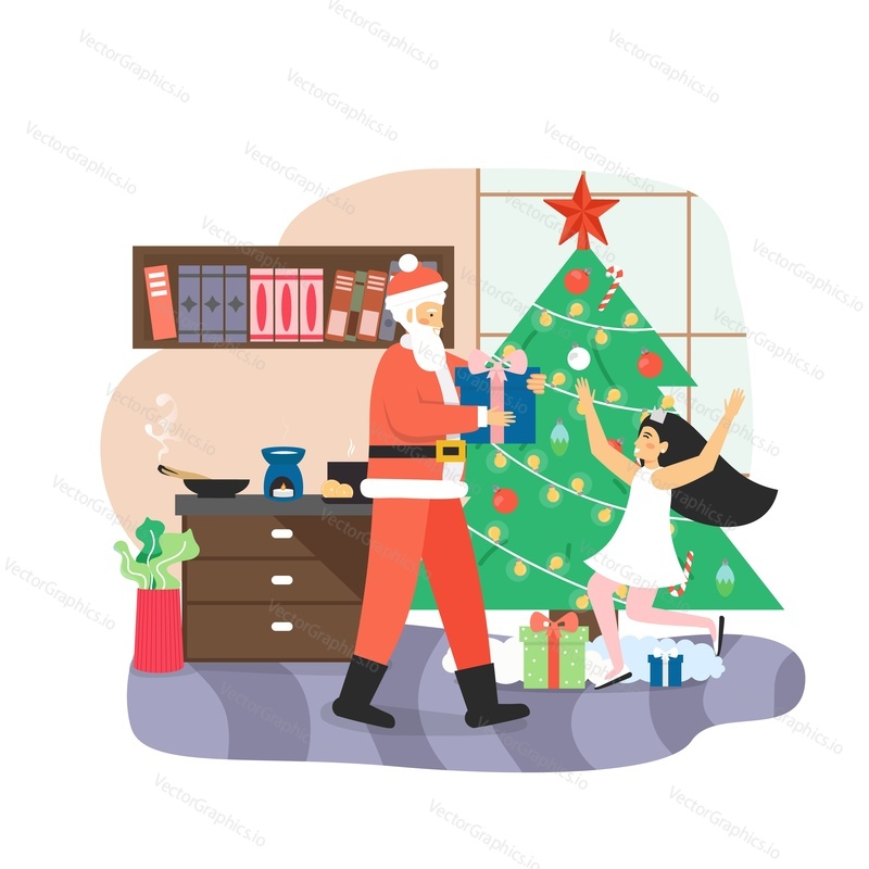 Santa Claus giving gift box to happy girl kid, flat vector illustration. Living room interior with decorated Christmas tree and gifts. New Year night. Christmas holidays celebration.