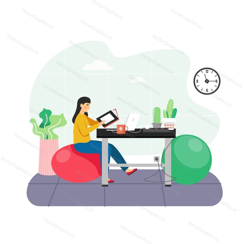 Modern office workspace. Happy girl working at office desk while sitting on bright pink color ottoman, flat vector illustration. Business workplace comfortable seating solution.