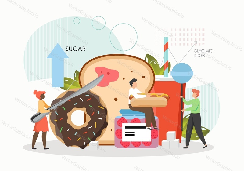 Tiny male and female characters eating sugar, sweet, wheat food, flat vector illustration. Giant slice of bread, donut, lollypop, hot dog, unhealthy high level of carbs foods. Carbohydrate nutrition.