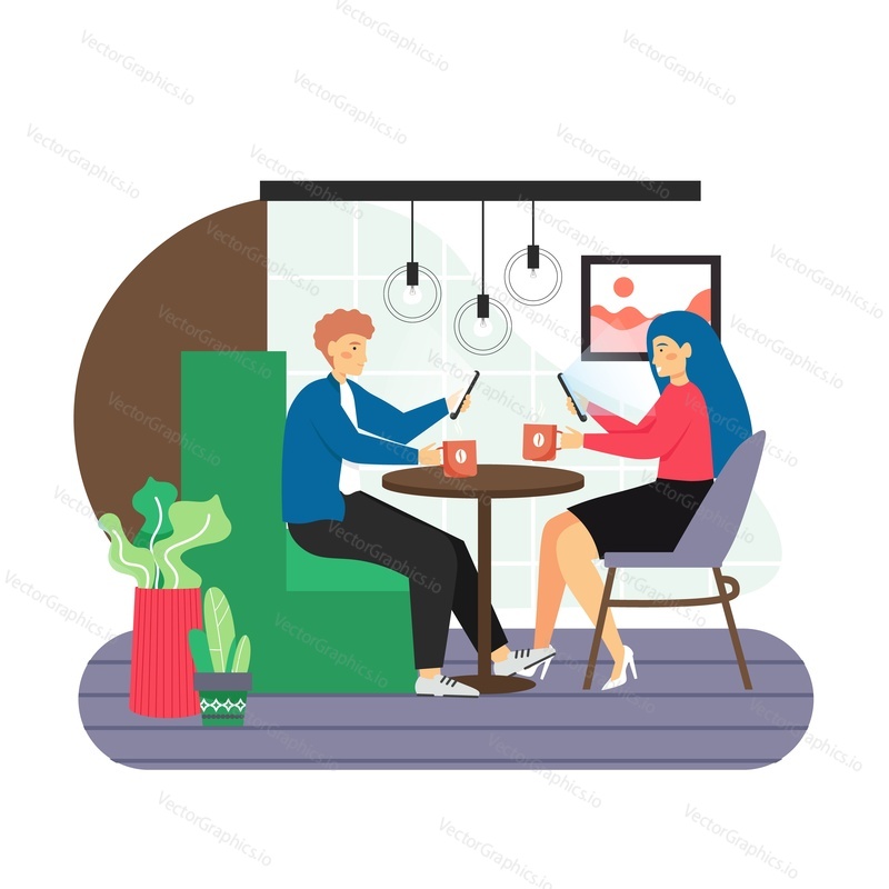 Happy couple sitting at table with cups of coffee and mobile phones in hands, flat vector illustration. Cafe, restaurant interior. Young people lifestyles. Social media and smart phone addiction.