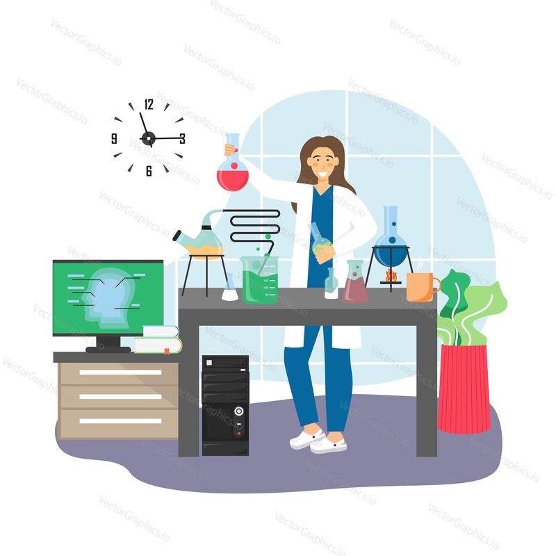 Science research laboratory scene. Scientist female character conducting chemistry experiment, flat vector illustration. Woman in lab coat using laboratory flasks, beakers, burner. Science, education.