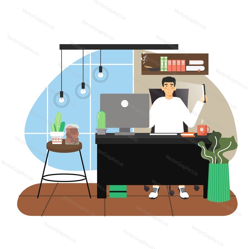 Modern office workplace. Busy business man sitting at table, working on computer and using mobile phone, flat vector illustration. Business workspace, office work.