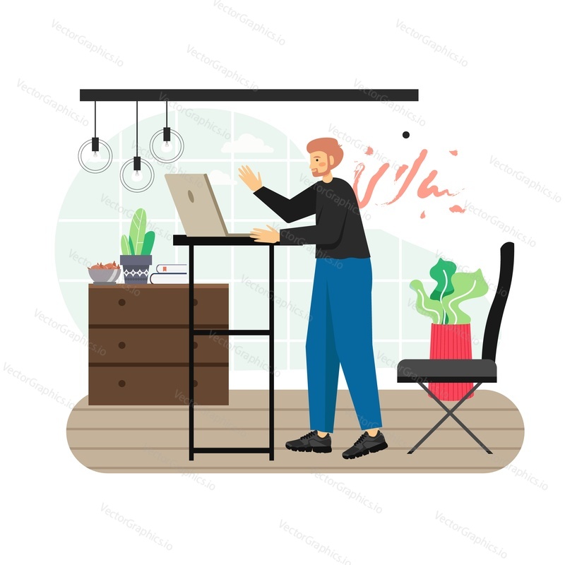 Modern office workplace. Businessman working on laptop computer while standing at high office desk, flat vector illustration. Business workspace with high tables office furniture.