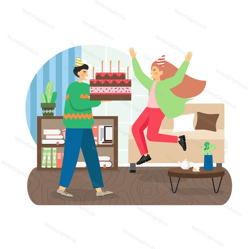 Happy couple wearing festive hats celebrating girl birthday party together at home, flat vector illustration. Man giving birthday cake to his girlfriend. Husband surprising his wife with holiday cake.