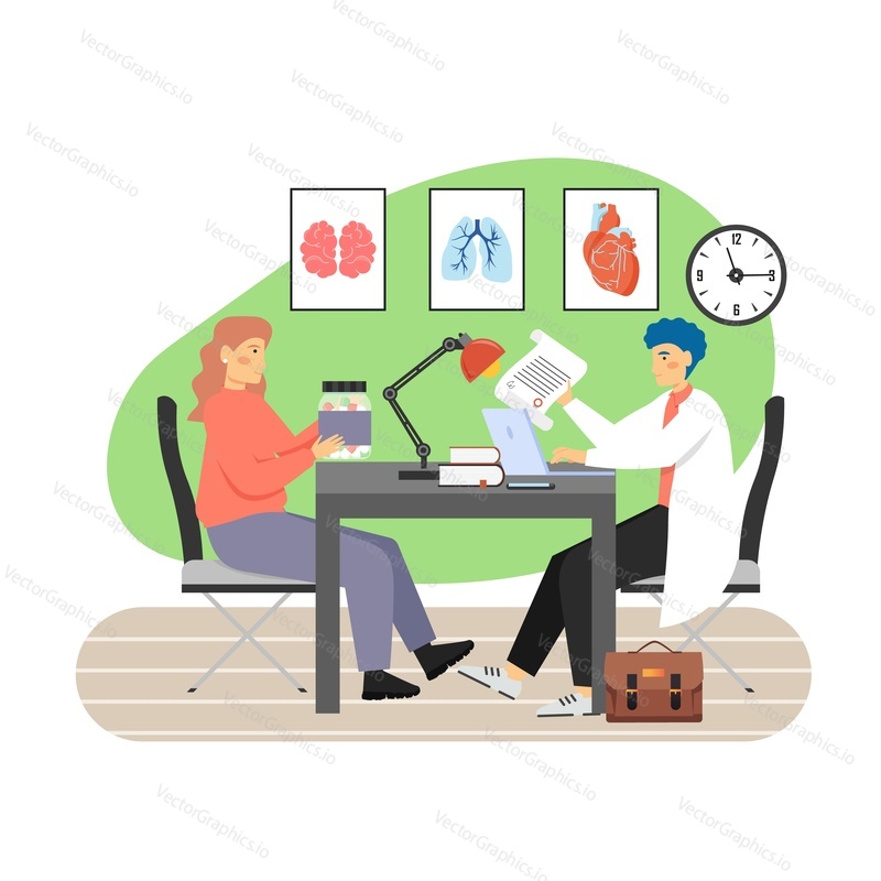Doctor practitioner, physician male giving medical prescription to patient female sitting at table, flat vector illustration. Doctors appointment, consultation, treatment. Medicine and health care.