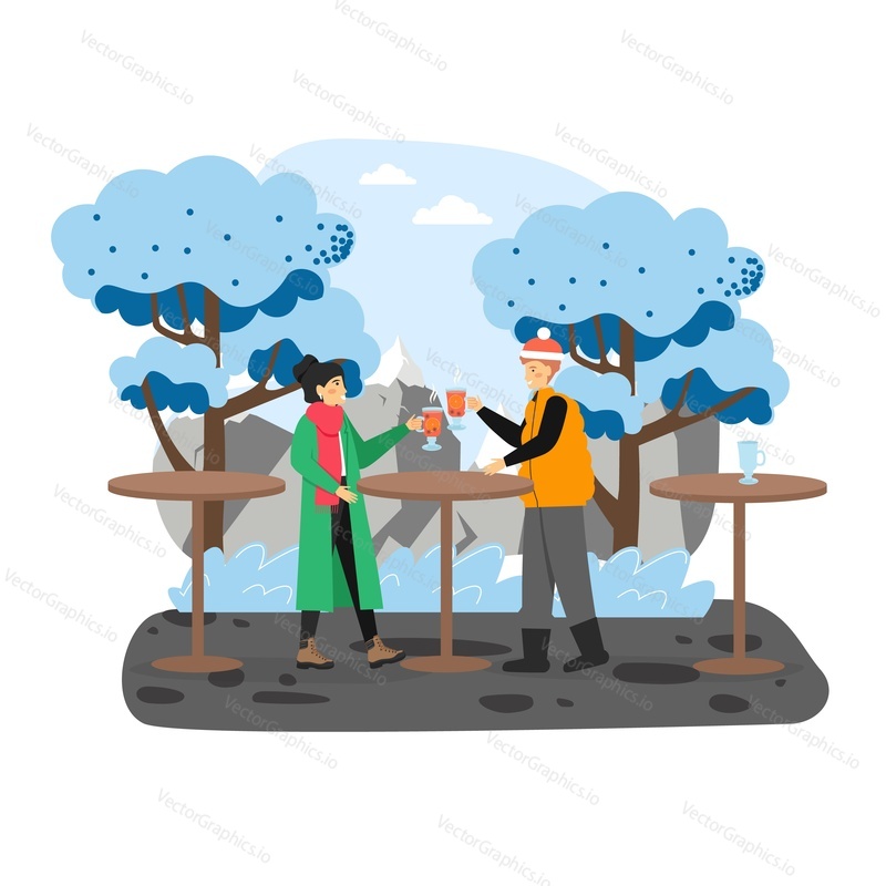Cafe in the mountains. Happy couple drinking mulled wine, flat vector illustration. Young man in Santa hat and woman celebrating New Year and Christmas holidays outside the city. Winter vacation.