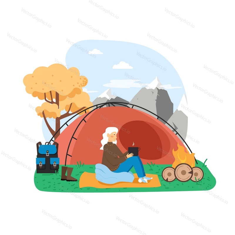 Hiking scene, flat vector illustration. Traveler, hiker female character sitting at campfire with cup of hot tea. Trekking, nature tourism, adventure, expedition, camping.