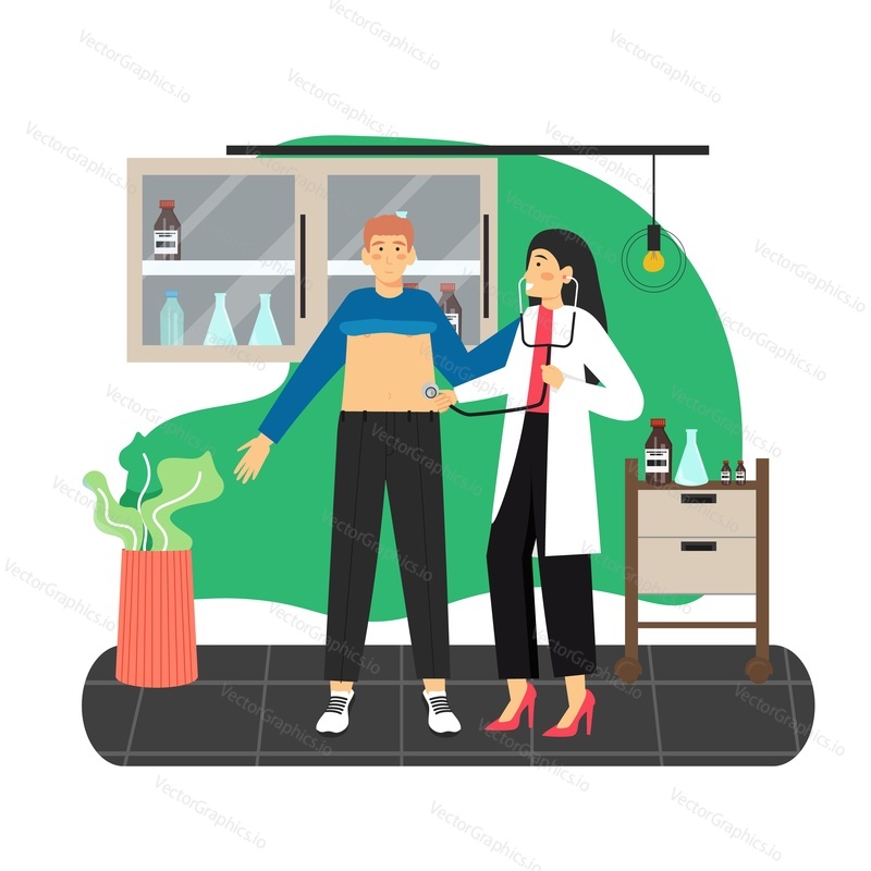 Doctor therapist, physician female examining patient male with stethoscope, flat vector illustration. Doctors appointment, consultation, examination. Medicine and health care.