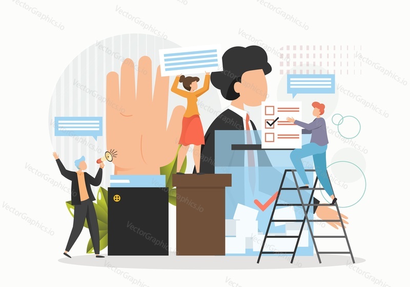 Election campaign characters, flat vector illustration. Politician, political candidate, activist, voter. Political agitation, voting. Polling day. People voting, putting paper ballots in ballot box.