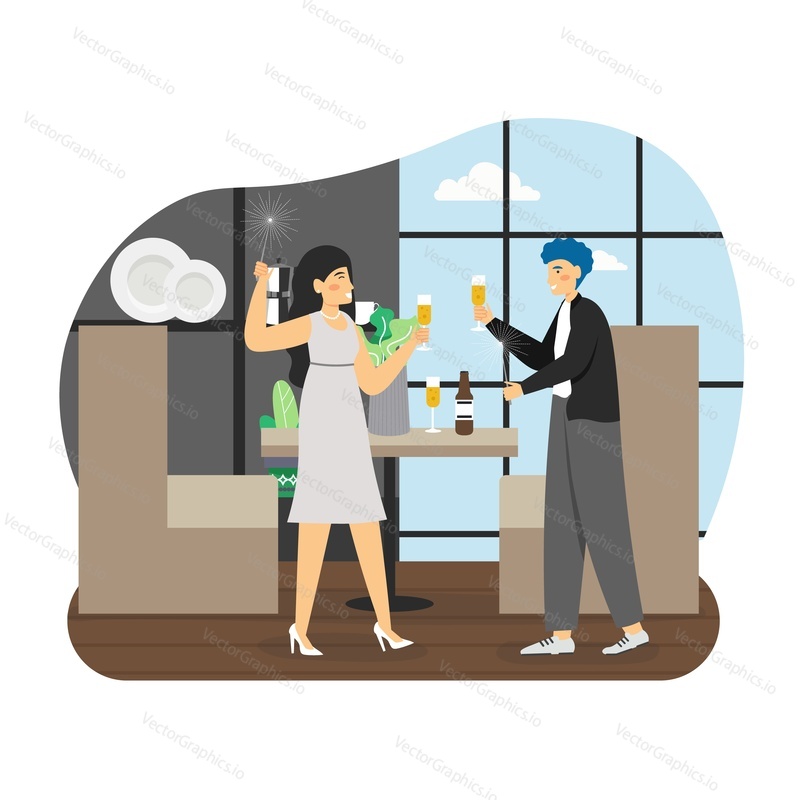 Happy couple having fun with glasses of champagne and sparklers, flat vector illustration. Young man and woman celebrating New Year holiday, festive event in restaurant, cafe. Party celebration.