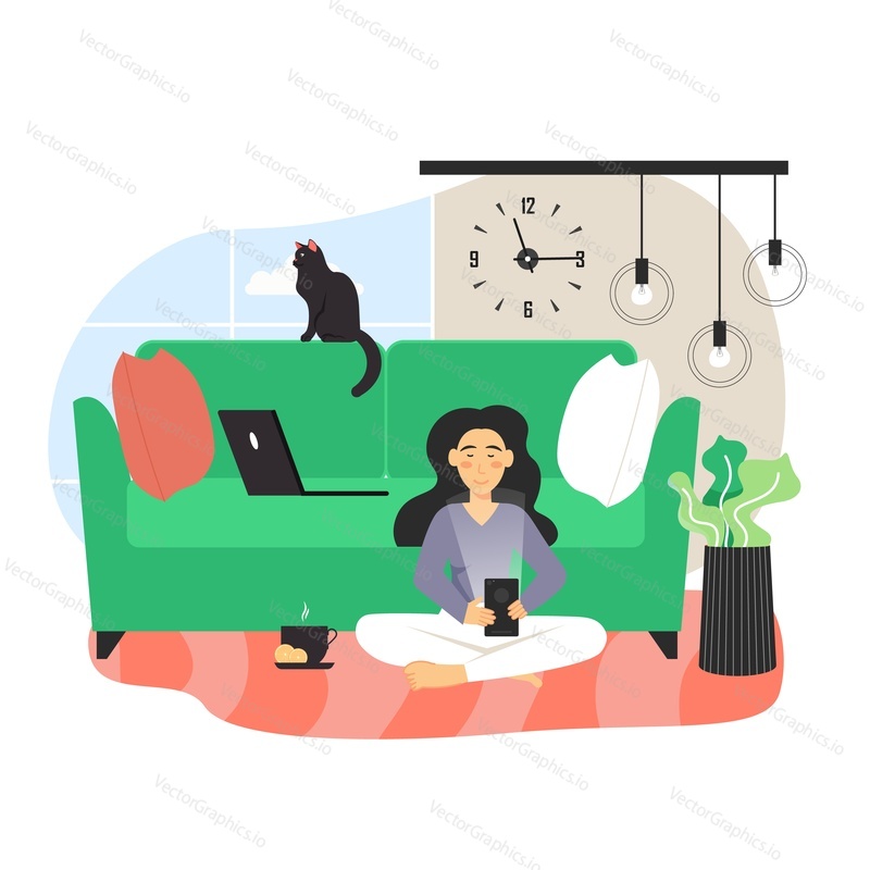 Happy girl practicing yoga sitting in lotus position with mobile phone in hands, flat vector illustration. Home meditation yoga and fitness. Young people lifestyles. Social media, smartphone addiction