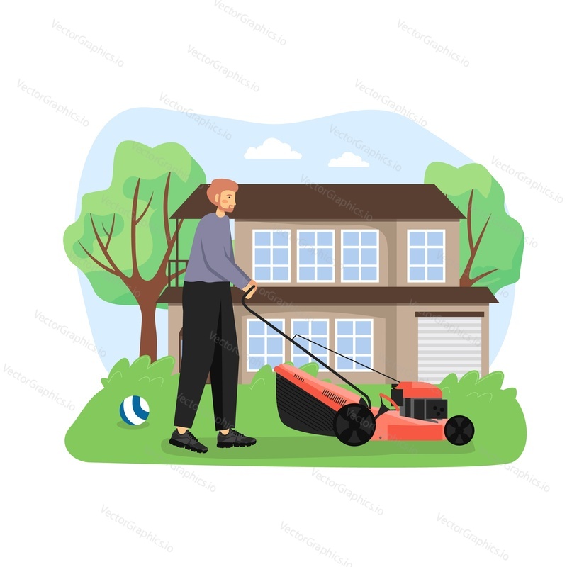 Gardener, male cartoon character mowing the lawn, cutting the grass with lawn mower, flat vector illustration. Gardening, home improvement services.