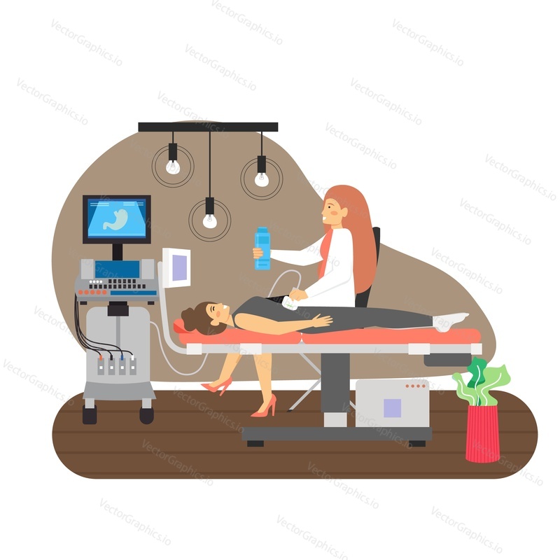 Female doctor doing abdominal ultrasound scan to female patient lying on medical bed, flat vector illustration. Ultrasound medical examination. Gastroenterology. Medicine and health care.
