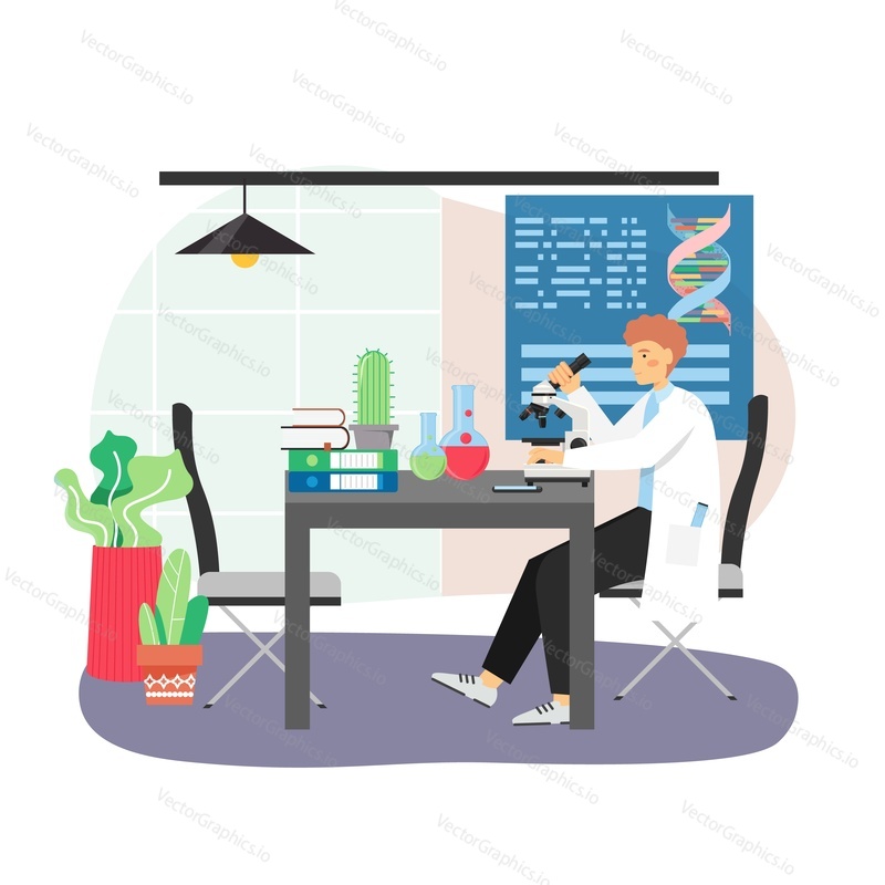 Science research laboratory scene. Scientist male character studying dna molecule with microscope sitting at table with lab flasks, flat vector illustration. Science and education.