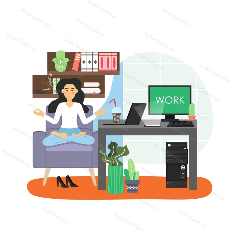 Modern office workplace. Business woman practicing yoga and meditation, flat vector illustration. Calm girl sitting in lotus position, relaxing. Mindfulness, stress relief. Office yoga.