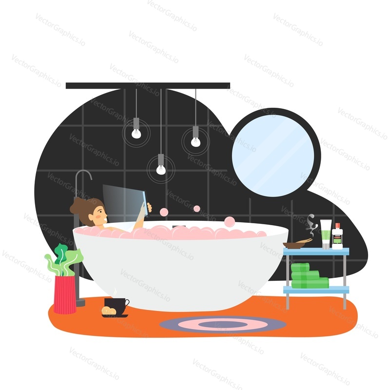 Happy woman taking bath lying in bathtub with mobile phone in hand, flat vector illustration. Home bathroom interior. Young people lifestyles. Social media and smart phone addiction.