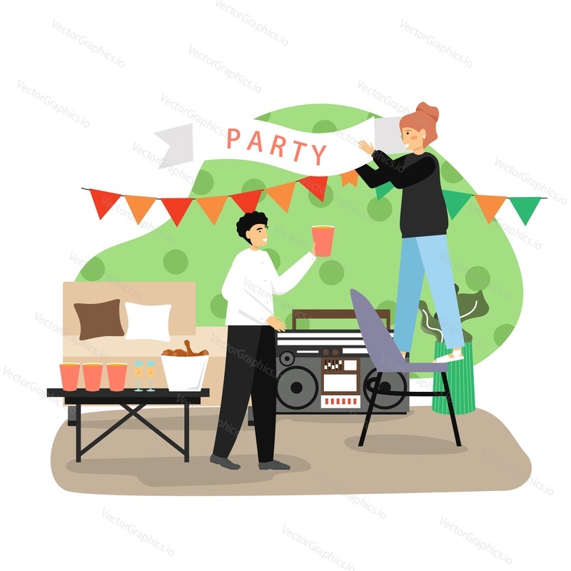 Happy couple preparing for home party celebration, flat vector illustration. Festive flags party decoration, music, champagne, snacks. Birthday, anniversary, festive event, holiday celebration at home