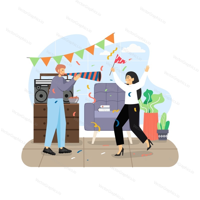 Home party. Happy couple dancing and having fun, flat vector illustration. Birthday, anniversary, festive event, winter holidays party celebration at home.