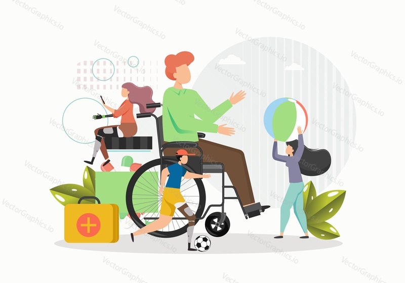 People with disabilities, flat vector illustration. Male and female characters keeping active life using wheelchair, artificial legs and arms. Disabled people lifestyles.