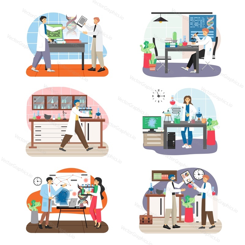 Science research laboratory scene set, flat vector illustration. Scientists conducting scientific experiments, giving presentation. Genetic and chemistry laboratory research. Science and education.