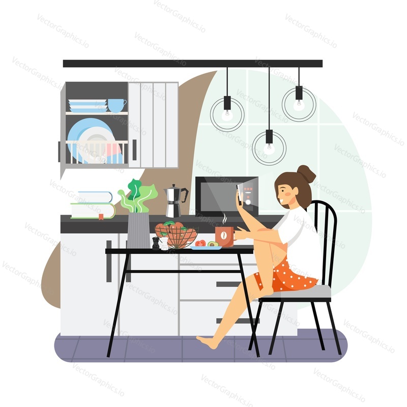 Happy girl sitting at table, eating, drinking coffee and using mobile phone, flat vector illustration. Kitchen interior. Young people lifestyles. Social media and smart phone addiction.