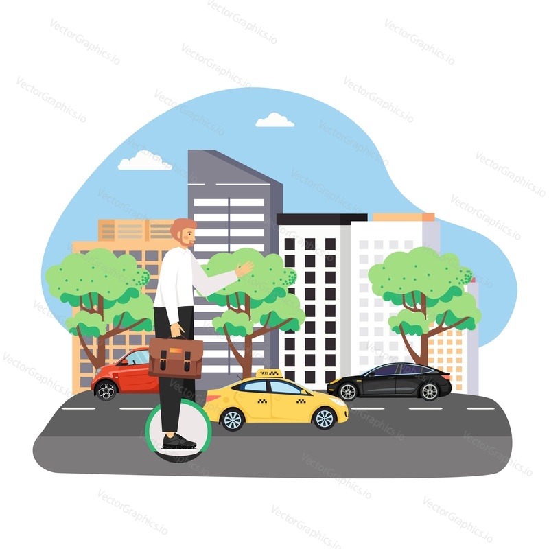 Happy businessman with briefcase commuting to work by electric unicycle, flat vector illustration. Self balancing one wheel electric scooter. Eco friendly city transport.