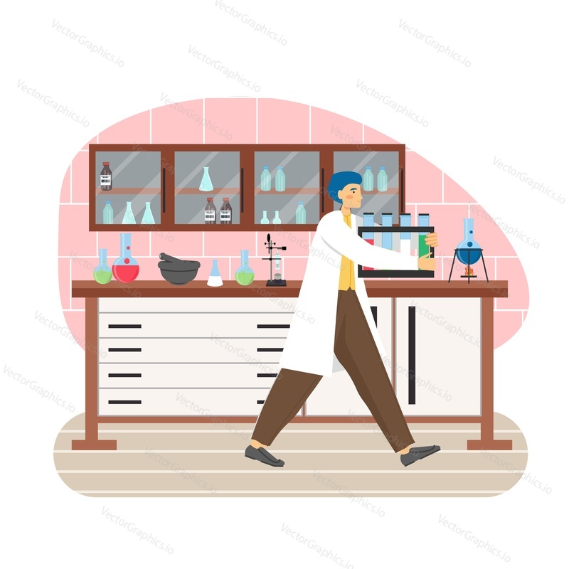 Science research laboratory scene. Scientist male carrying laboratory rack with tubes, flat vector illustration. Lab interior with furniture and glassware. Scientific research, experiment, education.