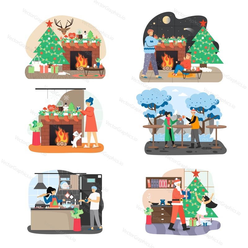 New Year and Christmas scene set, flat vector illustration. Happy women cooking festive dinner, preparing Christmas gifts, couple celebrating winter holidays, Santa Claus giving gift to girl kid.