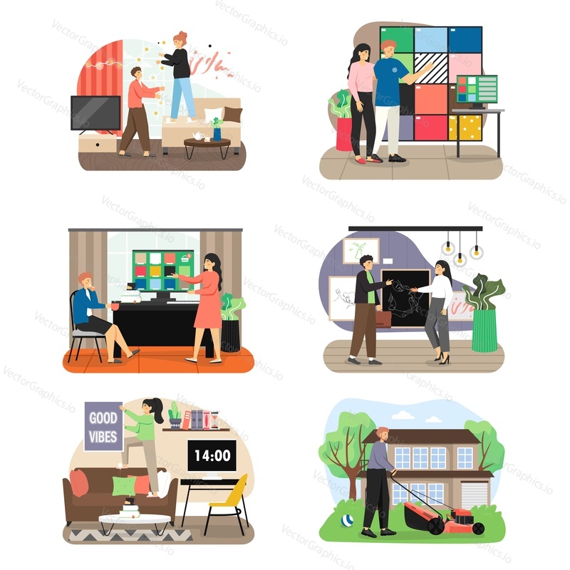 Home improvement set, flat vector illustration. People choosing wall paint color, ceramic tiles, pictures for home decoration, apartment renovation, mowing lawn, decorating room with Good vibes decor.