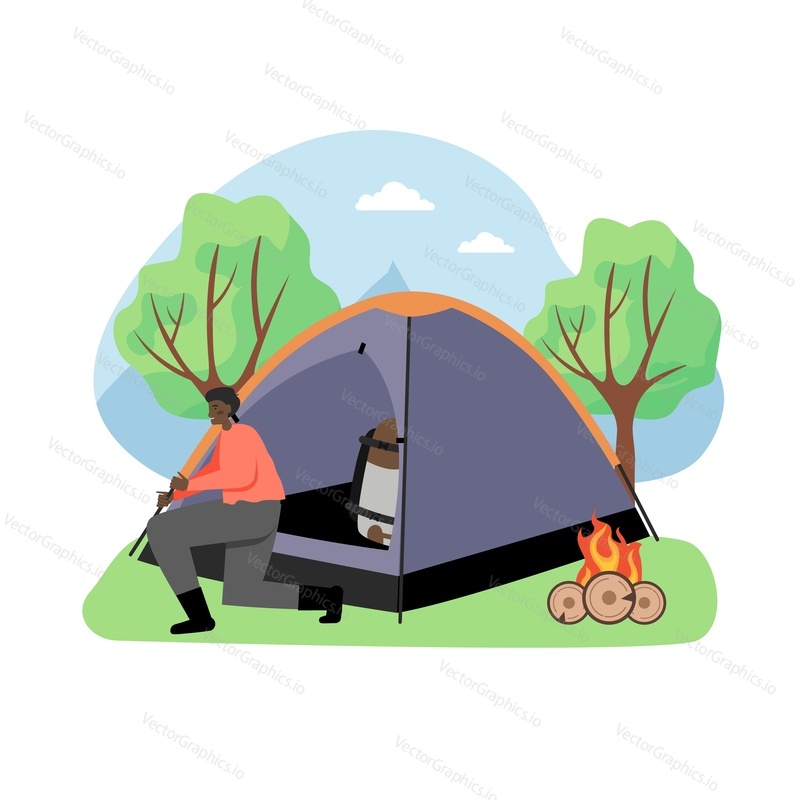 Hiking scene, flat vector illustration. Hiker male character sitting at tent and campfire. African american traveler camping, hiking. Trekking, summer tourism, adventure, expedition.