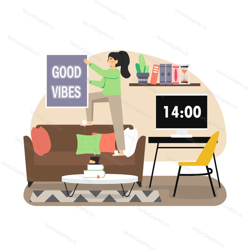 Happy girl hanging on the wall Good vibes home decor sign, flat vector illustration. Positive energy decor, wall room decoration with inspirational quote. Home improvement vibes.