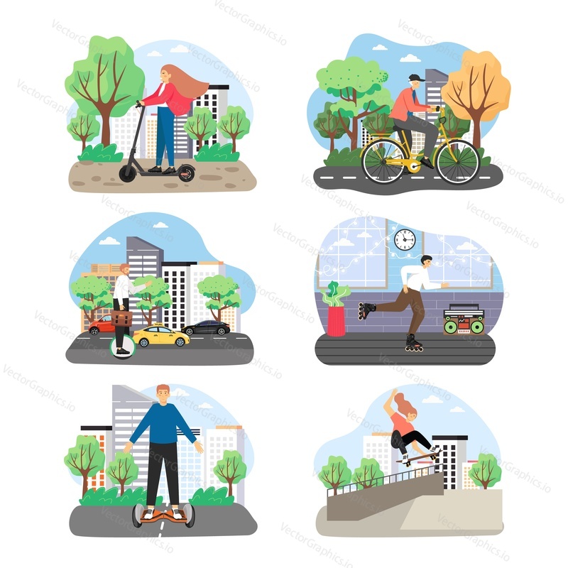 Eco city transport set, flat vector illustration. People roller skating, skateboarding, riding bicycle, kick scooter, monocycle, gyroscooter. Urban self balancing electric scooters. Active lifestyle.