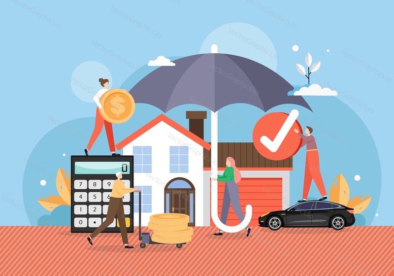 House and car under umbrella, under reliable protection of insurance policy, flat vector illustration. Property insurance services.