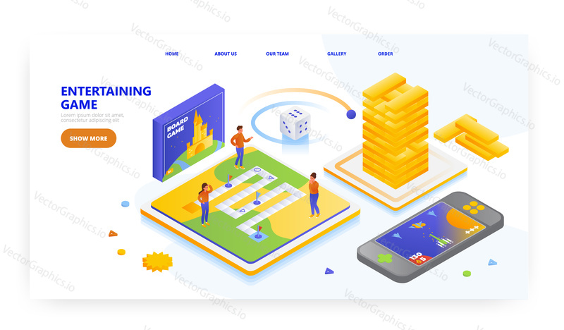 Entertaining game, landing page design, website banner template, flat vector isometric illustration. People playing table or board game. Leisure activity.