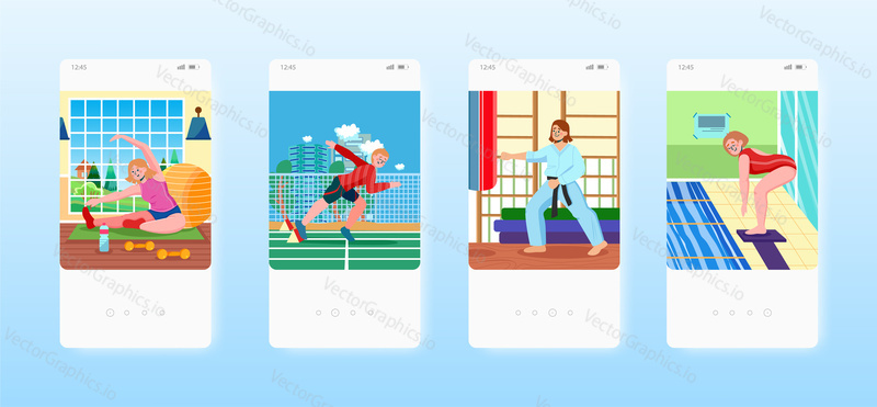 Fitness, athletics, boxing, platform diving. Sport time mobile app screens. Vector banner template for website and mobile development. Web site and UI design illustration.