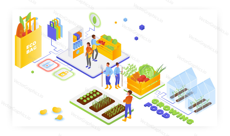 Farmers, gardeners growing organic vegetables. People shopping for groceries with eco friendly plastic free bags, flat vector isometric illustration. Gardening. Farming industry. Zero waste.