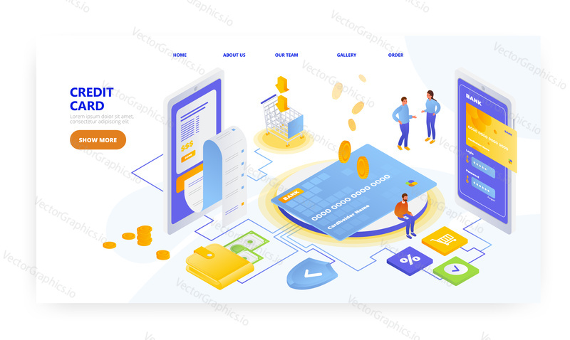 Credit card, landing page design, website banner template, flat vector isometric illustration. Online shopping, mobile banking, electronic payment.