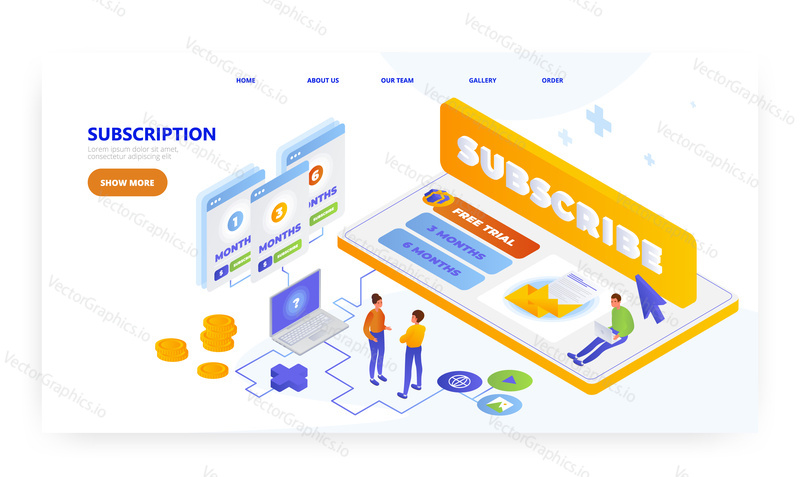 Subscription, landing page design, website banner template, flat vector isometric illustration. People choosing subscription plan.