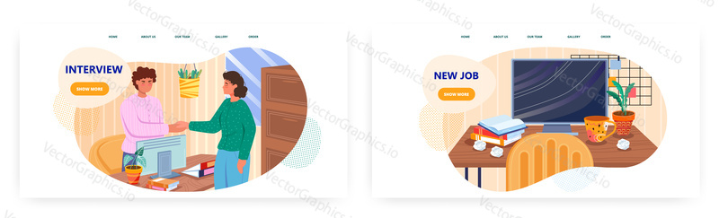 New job, landing page design, website banner template set, flat vector illustration. Job interview with candidate, employment, hr management, new workplace.