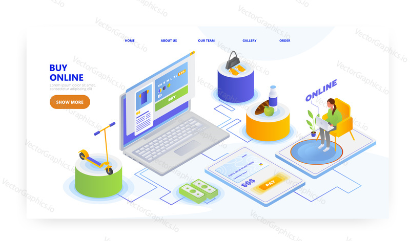 Online shopping, landing page design, website banner template, flat vector isometric illustration. Woman buying groceries, clothing online. E-commerce, internet store.