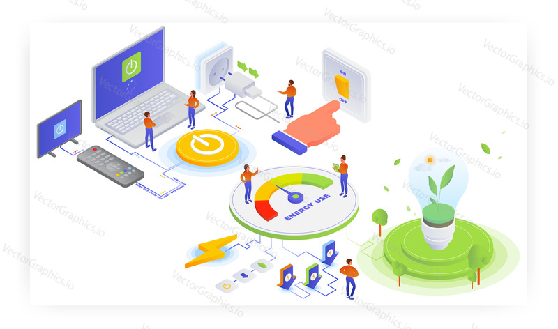Save energy, flat vector isometric illustration. People turning off the lights and electrical devices. Electric lamp with green sprout, electricity consumption meter. Save nature, ecology.
