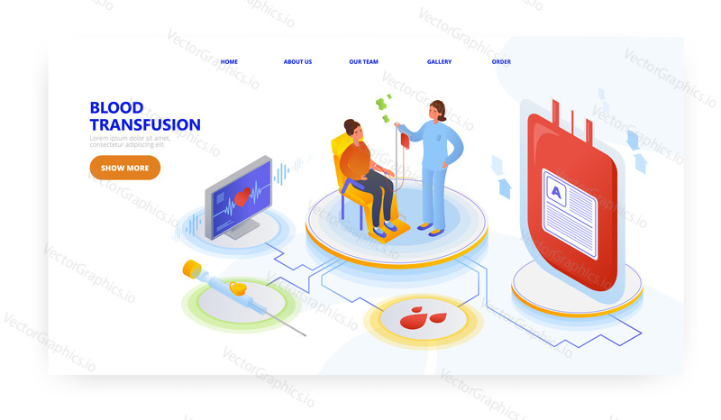 Blood transfusion, landing page design, website banner template, flat vector isometric illustration. Donor volunteer donating blood.