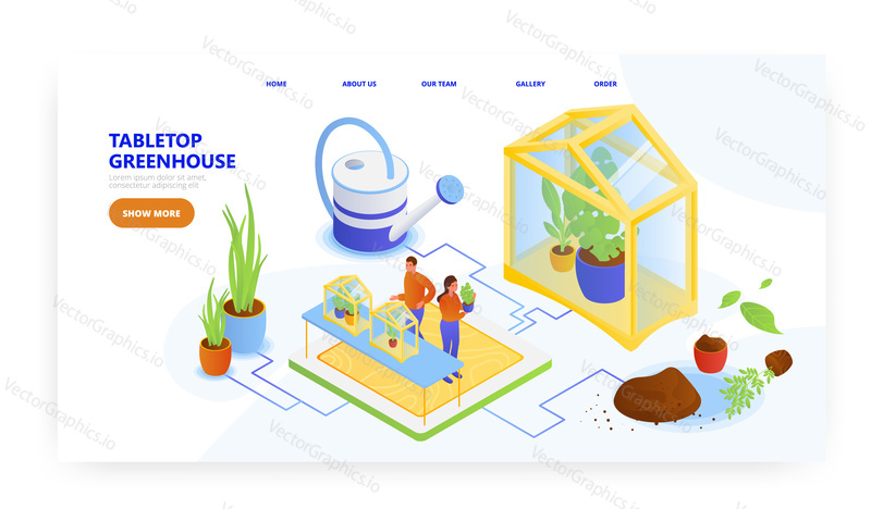 Tabletop greenhouse, landing page design, website banner template, flat vector isometric illustration. People growing fresh herbs and veggies in small greenhouse or terrarium. Indoor garden.