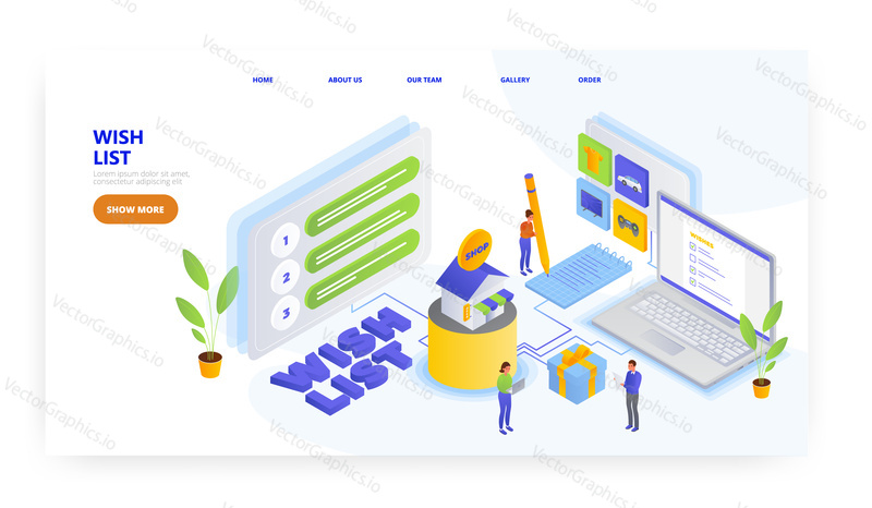 Wish list, landing page design, website banner template, flat vector isometric illustration. Woman adding favorite things she wants to buy to wish list. Internet store, online shopping.