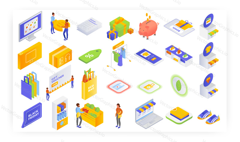 Internet store isometric icon set, flat vector isolated illustration. Sales and discounts, Black friday, electronic payment, ecommerce, gift voucher, loyalty program. Online shopping.